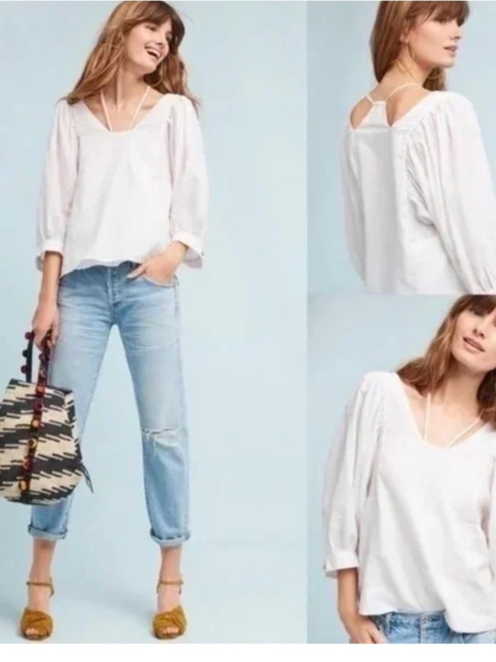 Anthropologie Akemi + Kin White V-Neck Peasant Blouse